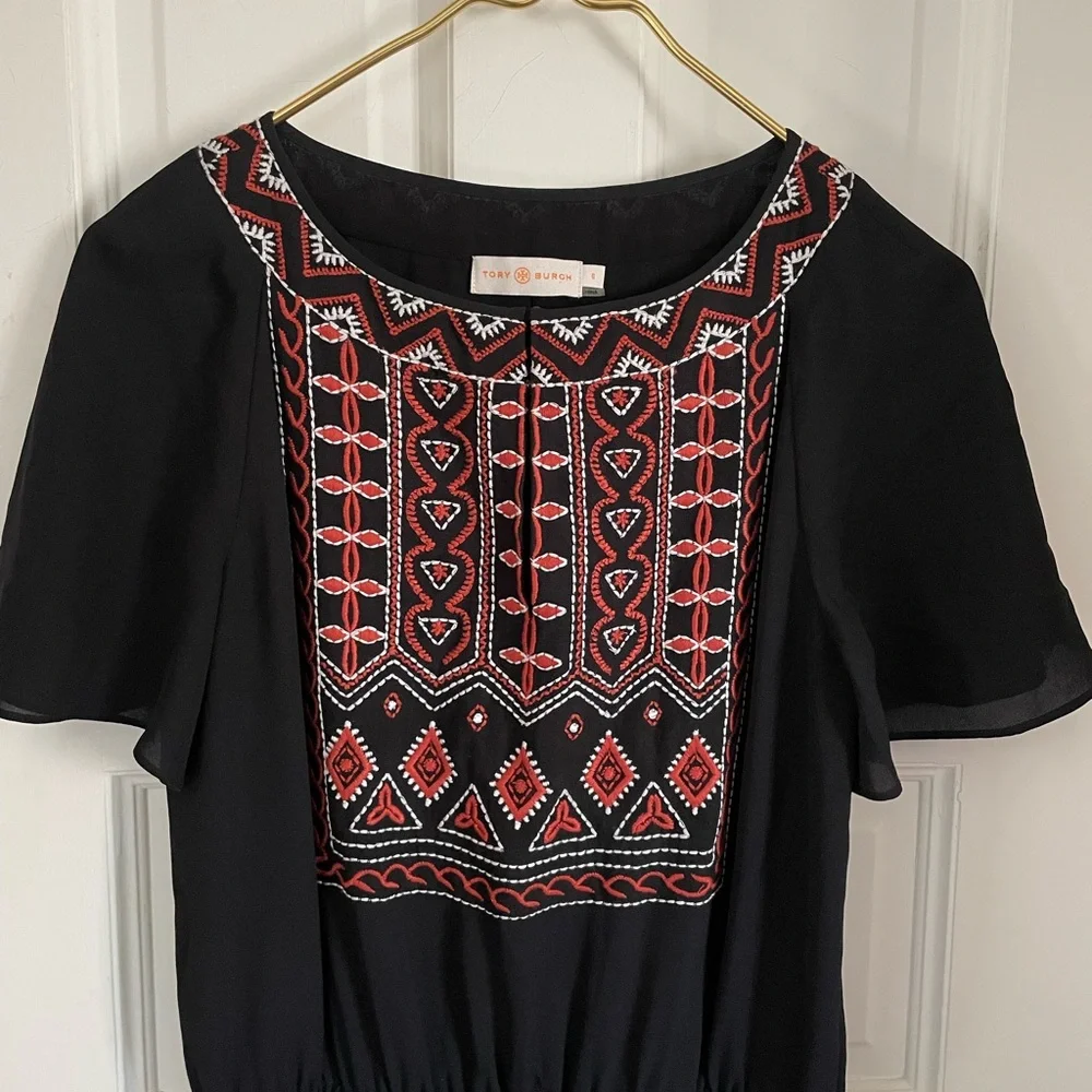 Tory Burch Black Silk Embroidered Boho Mini Dress Flutter Sleeve Sz 0. 30243